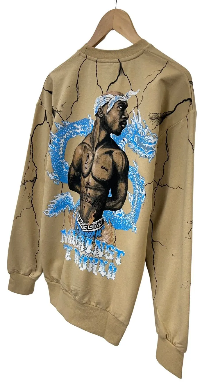 2pac Men's Beige Graphic Sweatshirt Fleece Long Sleeves Regular Fit