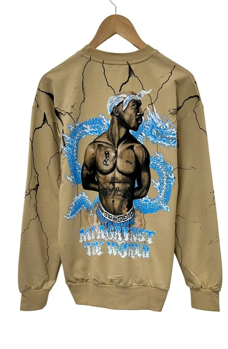 2pac Men's Beige Graphic Sweatshirt Fleece Long Sleeves Regular Fit