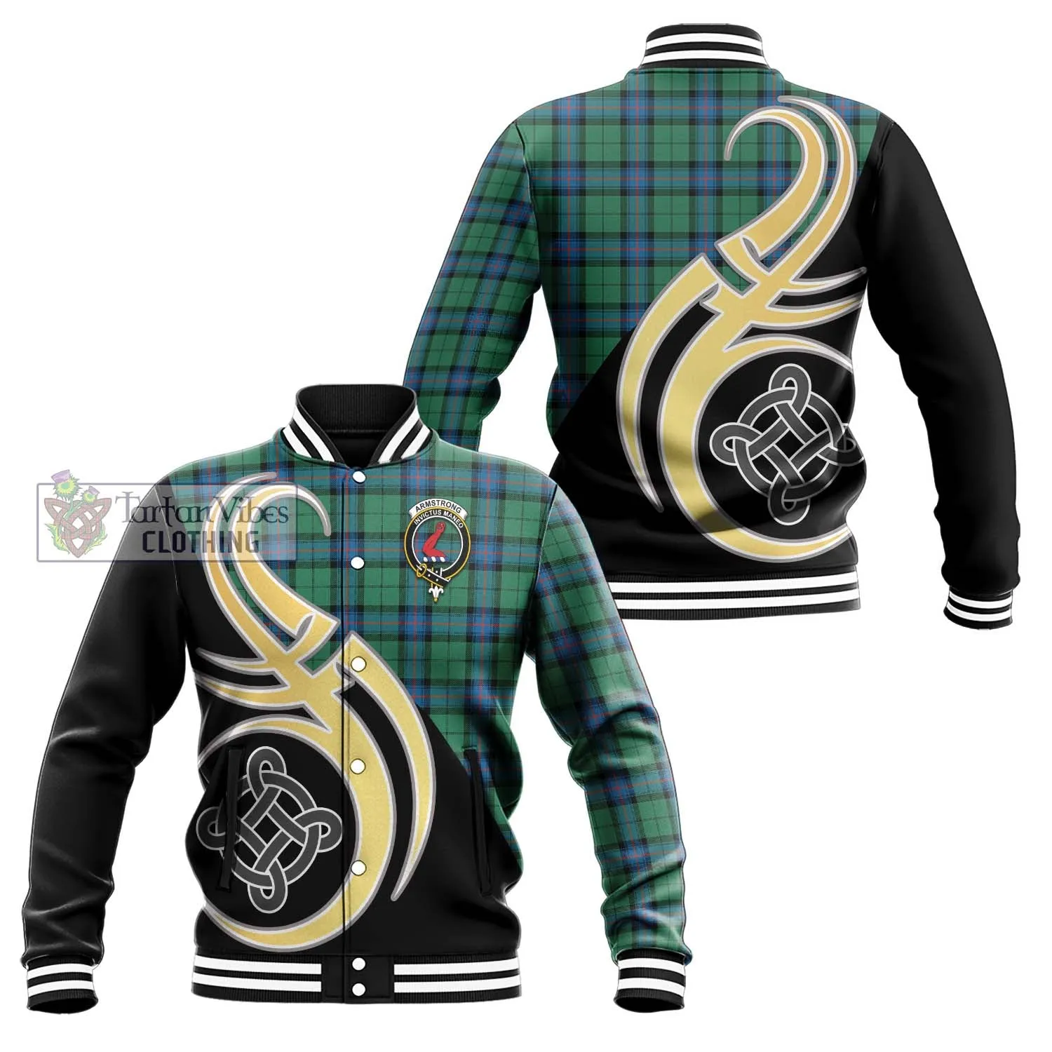 Armstrong Ancient Tartan Baseball Jacket with Family Crest and Celtic Symbol Style