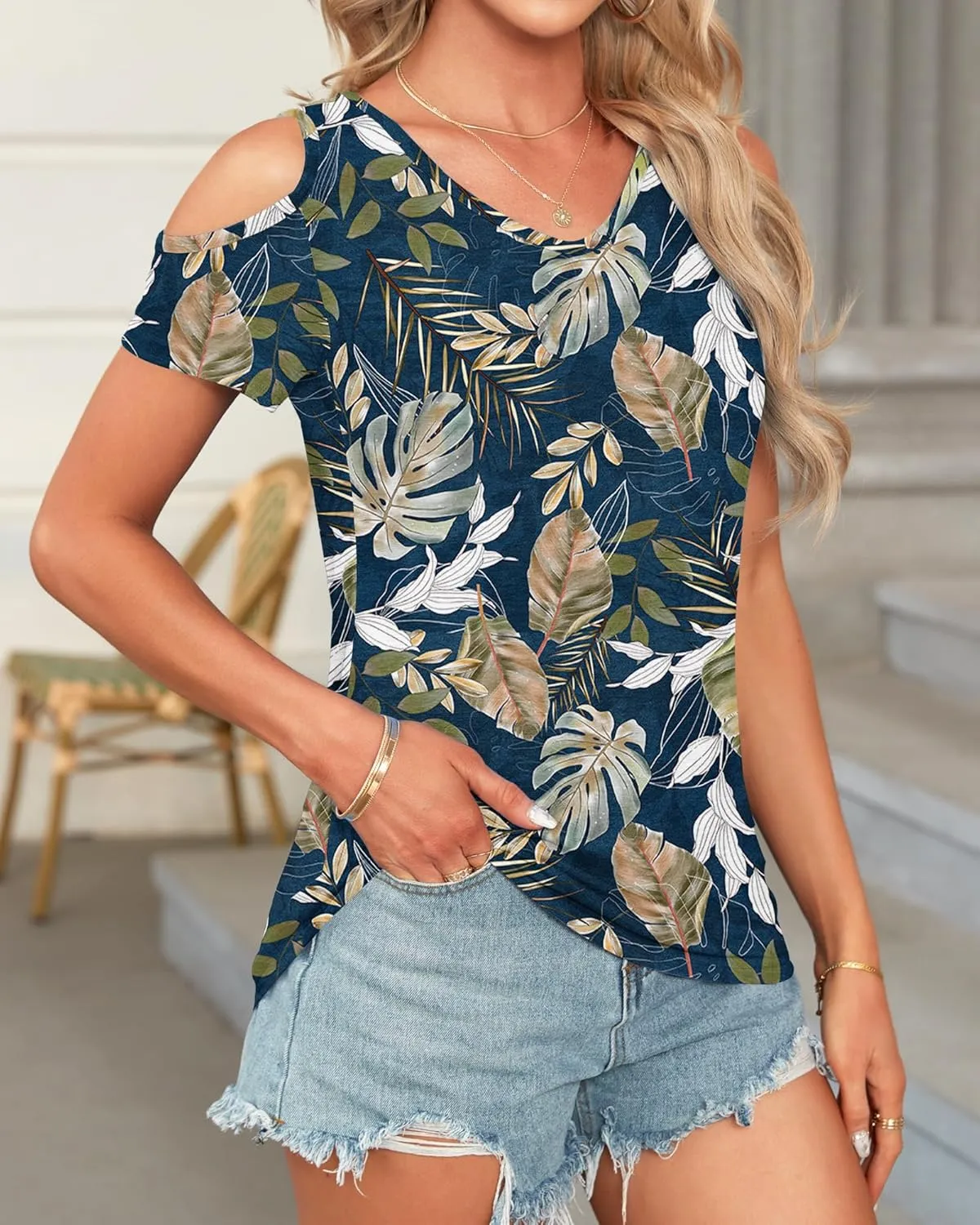 AUSELILY Womens Summer T Shirts Casual Ladies V Neck Tops Short Sleeve Cold Shoulder Loose Fit Blouse 2025 Trendy Clothing