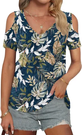 AUSELILY Womens Summer T Shirts Casual Ladies V Neck Tops Short Sleeve Cold Shoulder Loose Fit Blouse 2025 Trendy Clothing