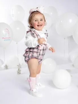 Baby Girl Spanish Bow & Frills Tartan Romper-Baby Pink