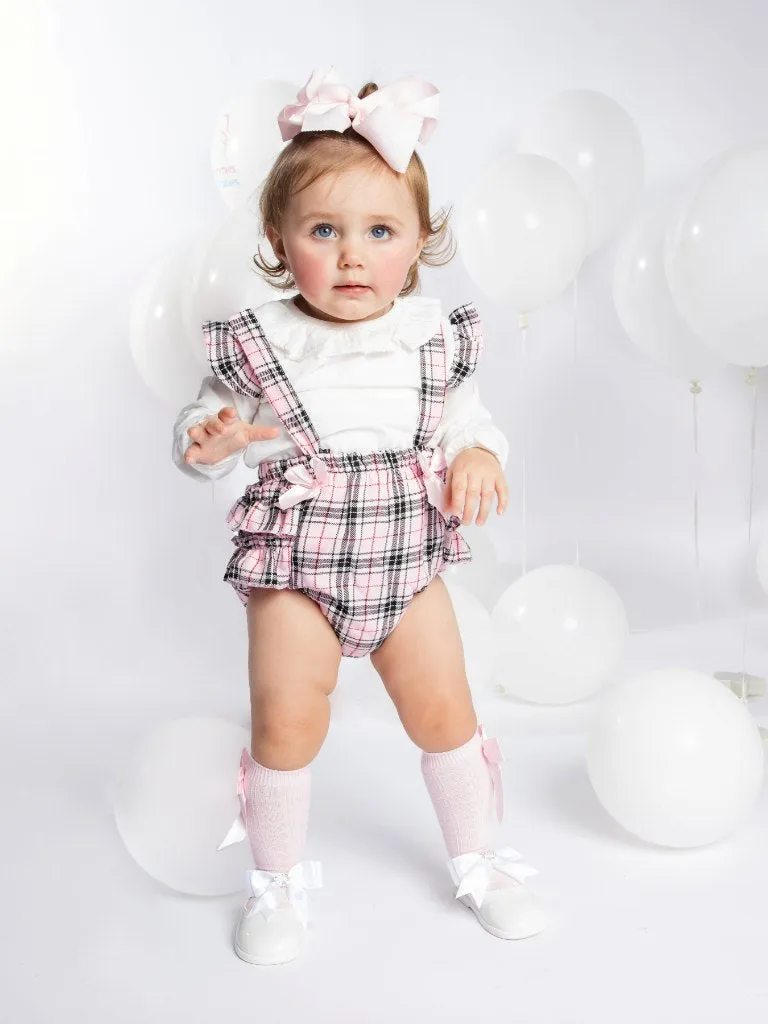 Baby Girl Spanish Bow & Frills Tartan Romper-Baby Pink