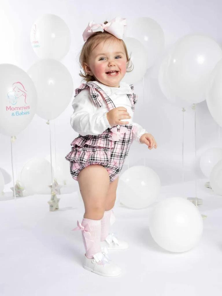 Baby Girl Spanish Bow & Frills Tartan Romper-Baby Pink