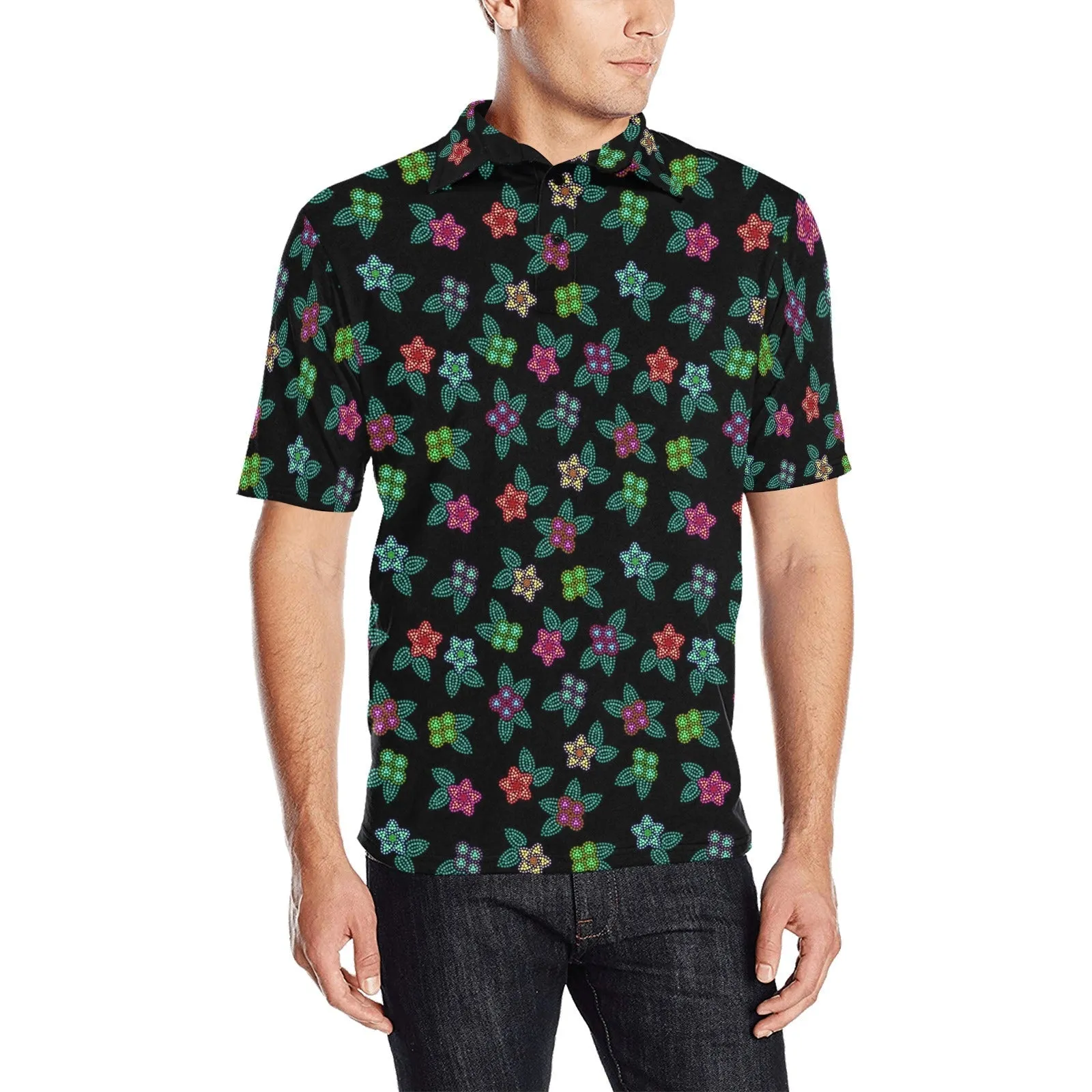 Berry Flowers Black Men's Polo Shirt