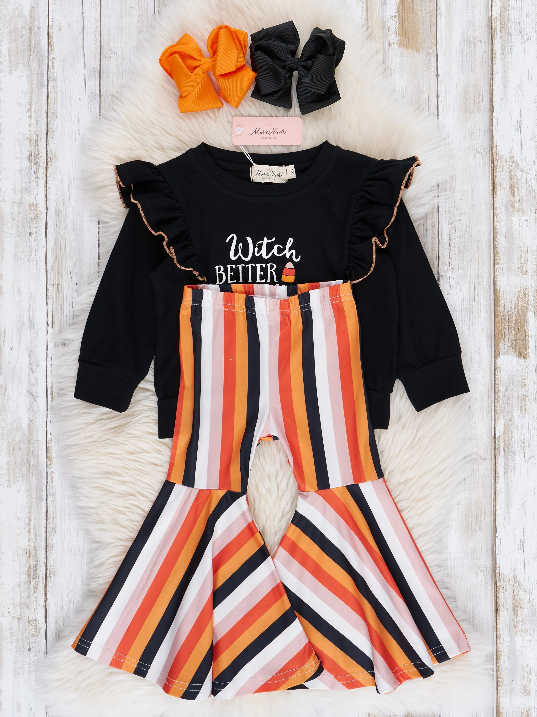 Black & Orange Halloween Candy Ruffle Bell Bottom Outfit
