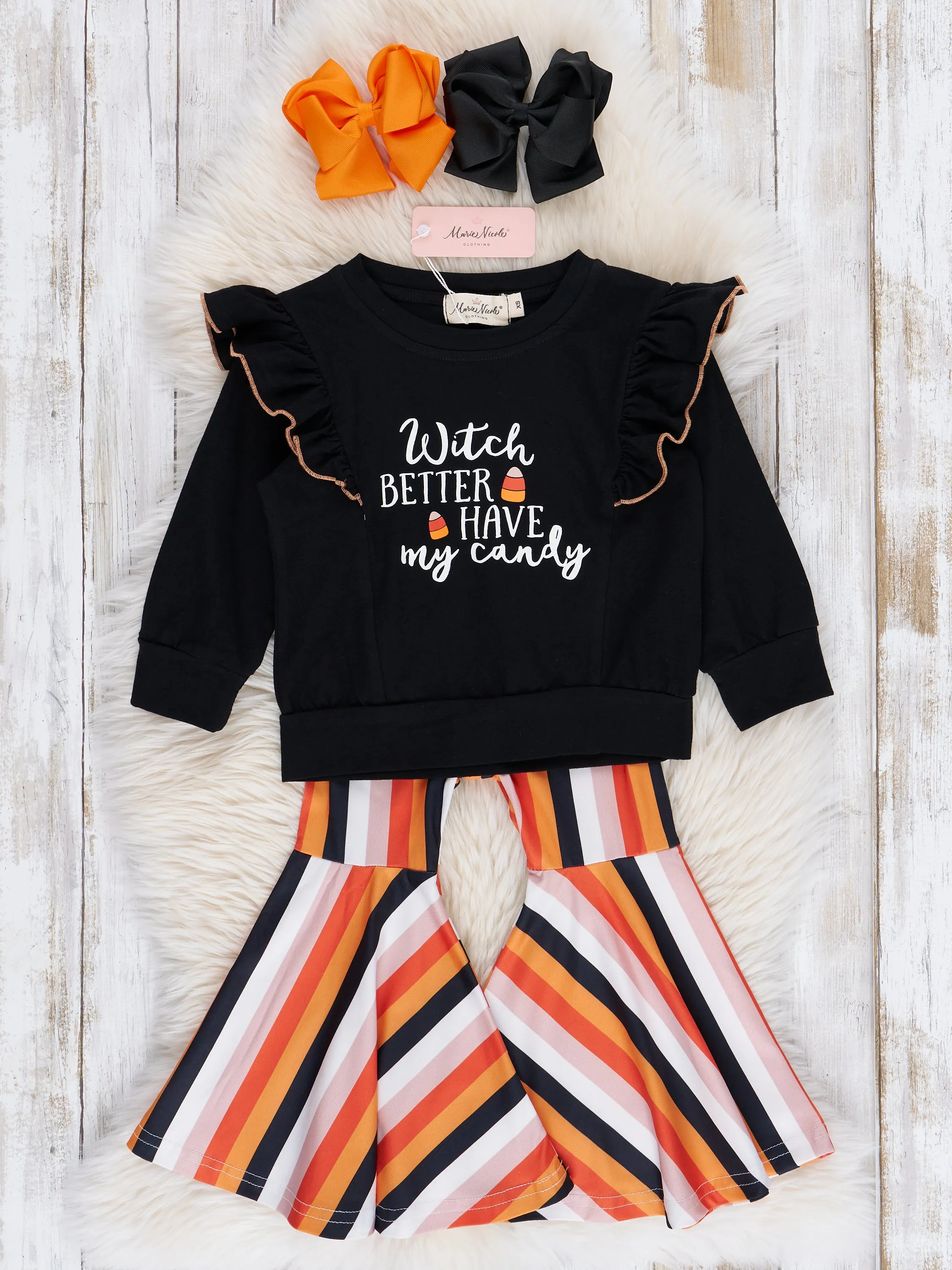 Black & Orange Halloween Candy Ruffle Bell Bottom Outfit