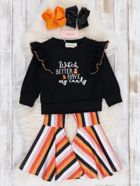 Black & Orange Halloween Candy Ruffle Bell Bottom Outfit