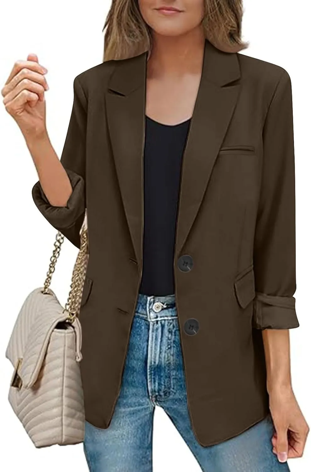 Blazers for Women Business Casual Long Sleeve Lapel Open Front Button Work Office Blazer Jackets with Pockets 2024