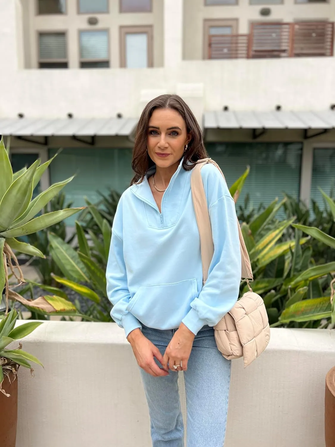 BLENCOT Women Half Zip Oversized Sweatshirts Long Sleeve Fleece Trendy Cropped Pullover Workout Warm Tops With Pockets S-2XL