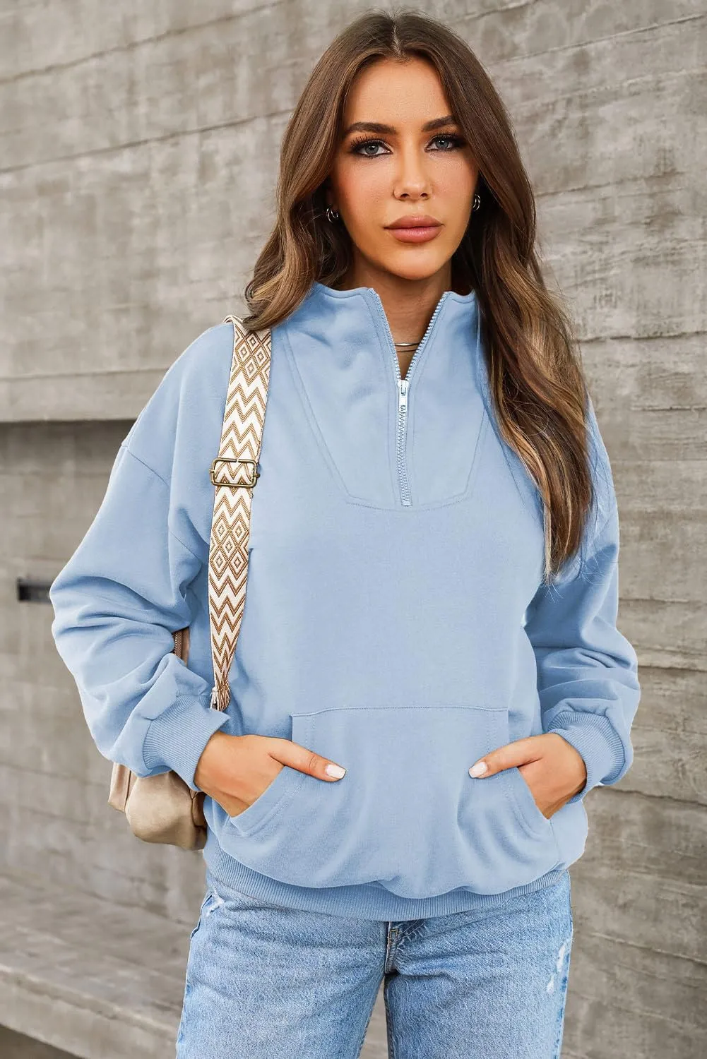BLENCOT Women Half Zip Oversized Sweatshirts Long Sleeve Fleece Trendy Cropped Pullover Workout Warm Tops With Pockets S-2XL