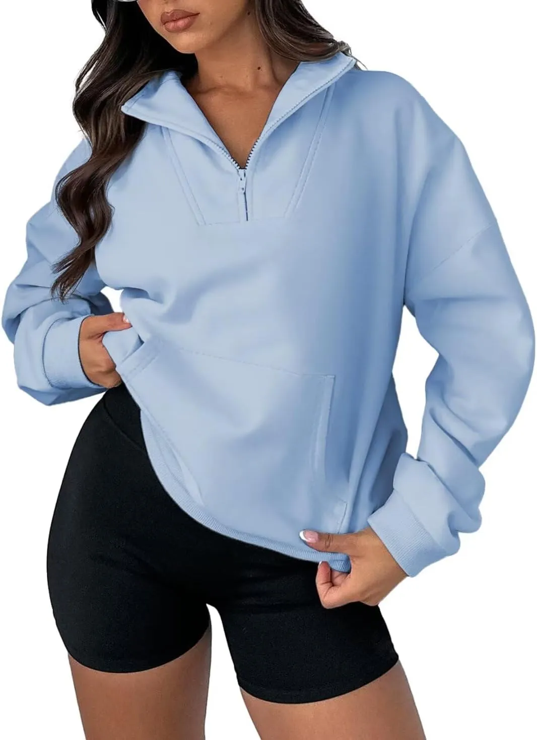 BLENCOT Women Half Zip Oversized Sweatshirts Long Sleeve Fleece Trendy Cropped Pullover Workout Warm Tops With Pockets S-2XL