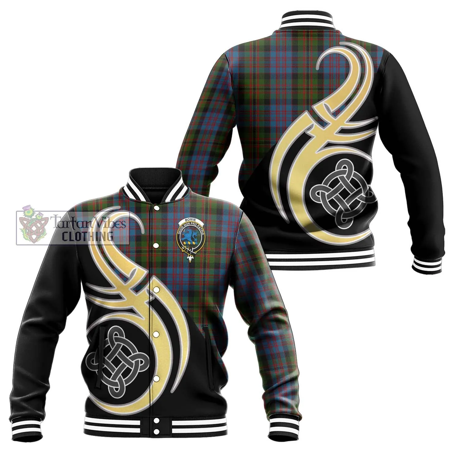 Bowie Tartan Baseball Jacket with Family Crest and Celtic Symbol Style