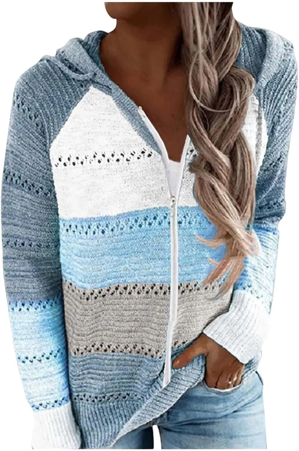 Canbebig Women's 2023 Fall Striped Knit Sweaters Casual Lightweight Color Block Drawstring Hoodies Pullover Tops Zip up Coats