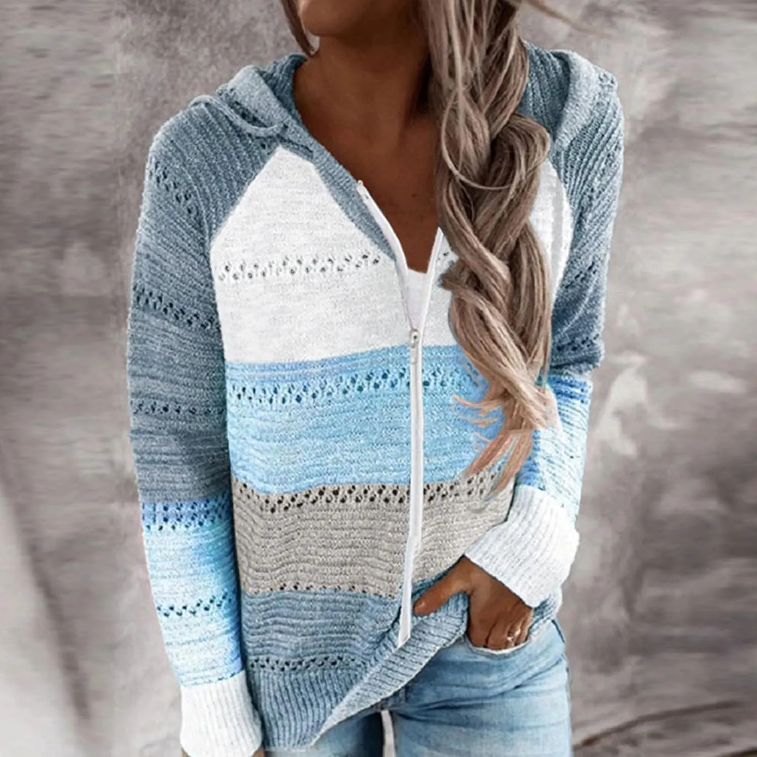 Canbebig Women's 2023 Fall Striped Knit Sweaters Casual Lightweight Color Block Drawstring Hoodies Pullover Tops Zip up Coats