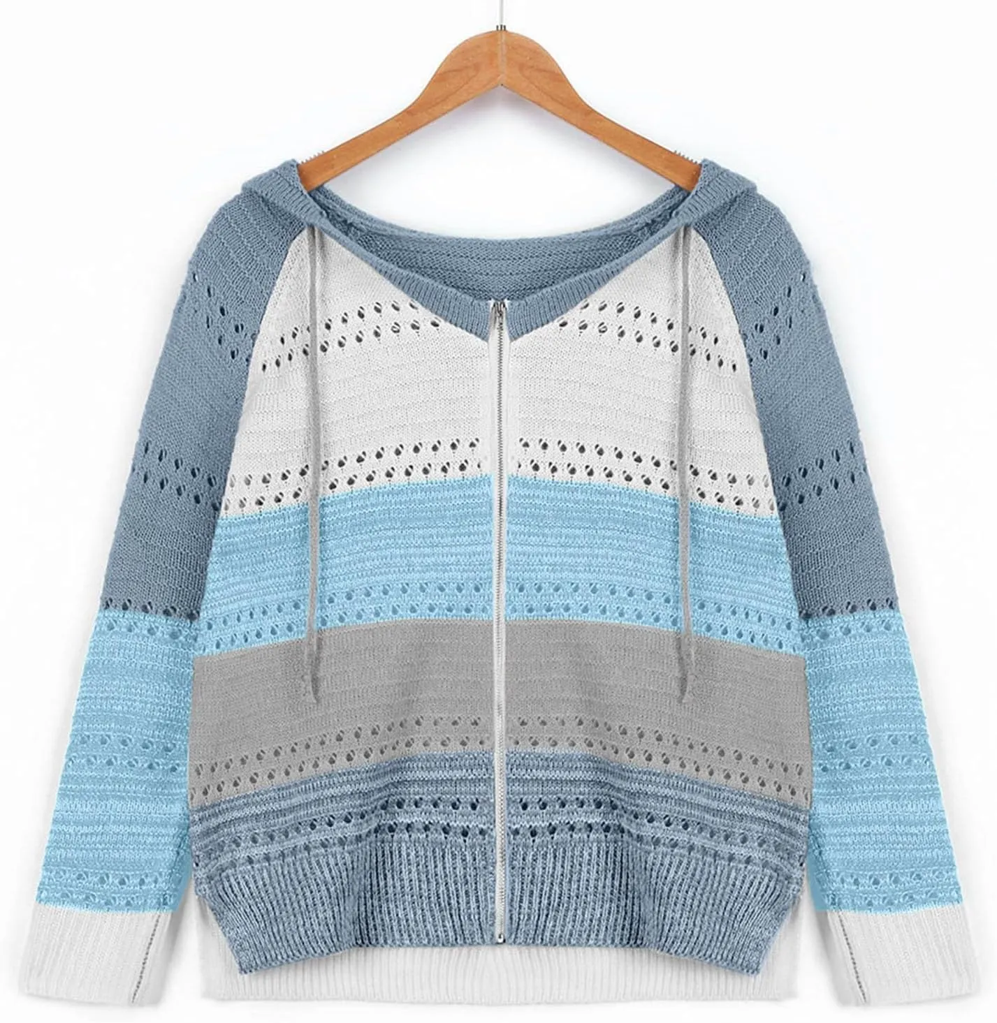 Canbebig Women's 2023 Fall Striped Knit Sweaters Casual Lightweight Color Block Drawstring Hoodies Pullover Tops Zip up Coats