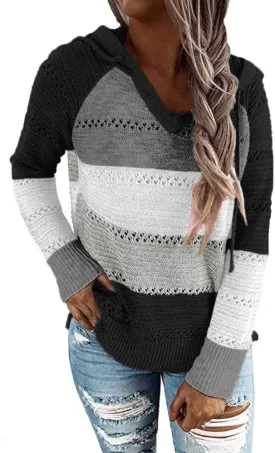 Canbebig Women's 2023 Fall Striped Knit Sweaters Casual Lightweight Color Block Drawstring Hoodies Pullover Tops Zip up Coats