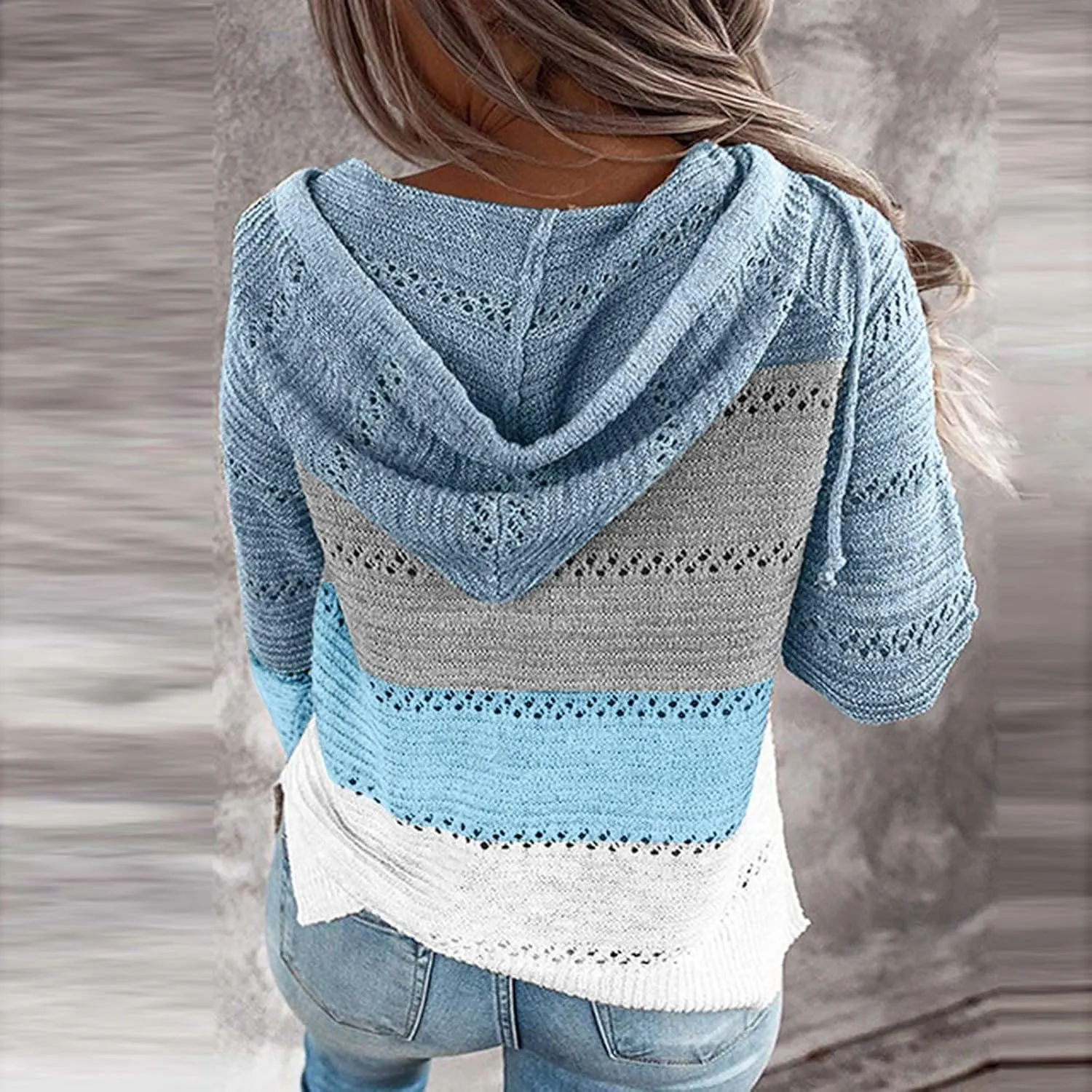 Canbebig Women's 2023 Fall Striped Knit Sweaters Casual Lightweight Color Block Drawstring Hoodies Pullover Tops Zip up Coats
