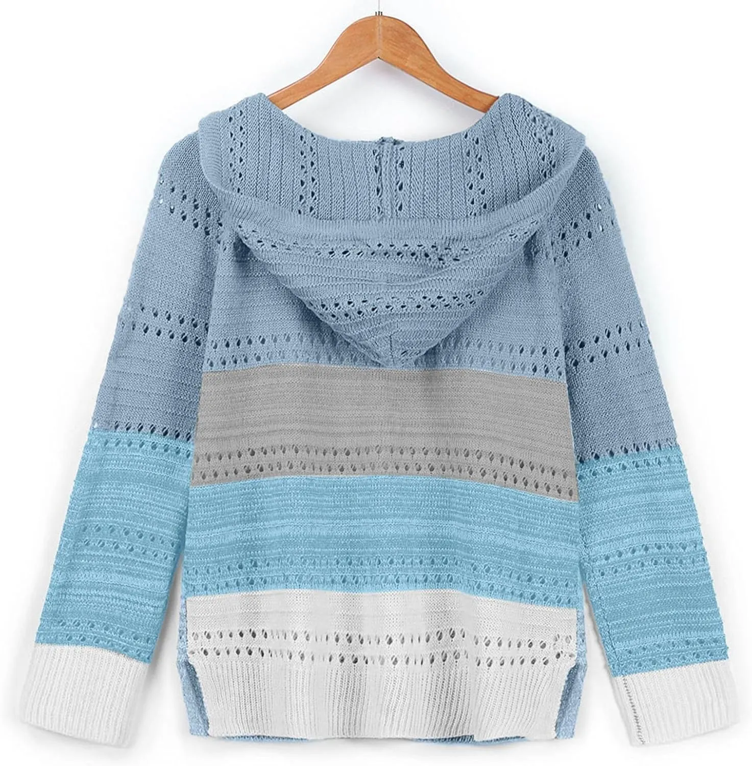 Canbebig Women's 2023 Fall Striped Knit Sweaters Casual Lightweight Color Block Drawstring Hoodies Pullover Tops Zip up Coats