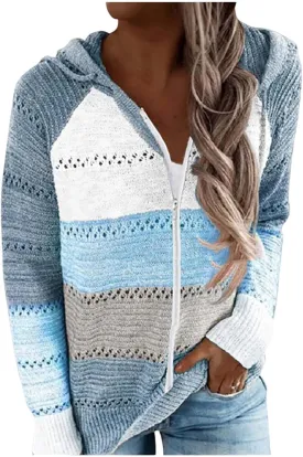 Canbebig Women's 2023 Fall Striped Knit Sweaters Casual Lightweight Color Block Drawstring Hoodies Pullover Tops Zip up Coats