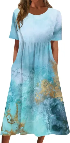 Casual Dresses for Women 2024 Plus Size Print Basic Dresses Summer Short Sleeve Flowy O Neck Dress with Pockets