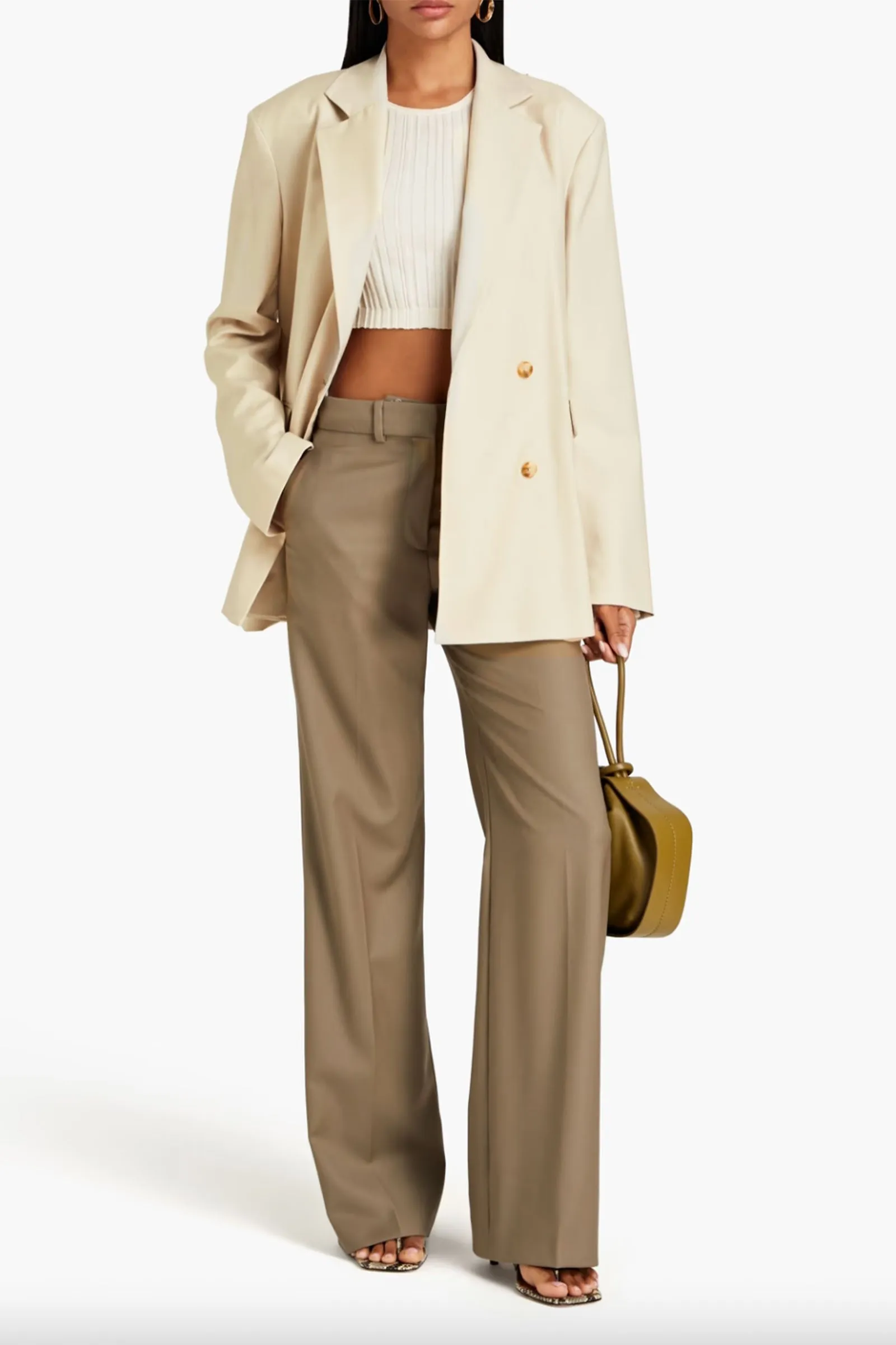 Cream Double-breasted Wool Twill Blazer
