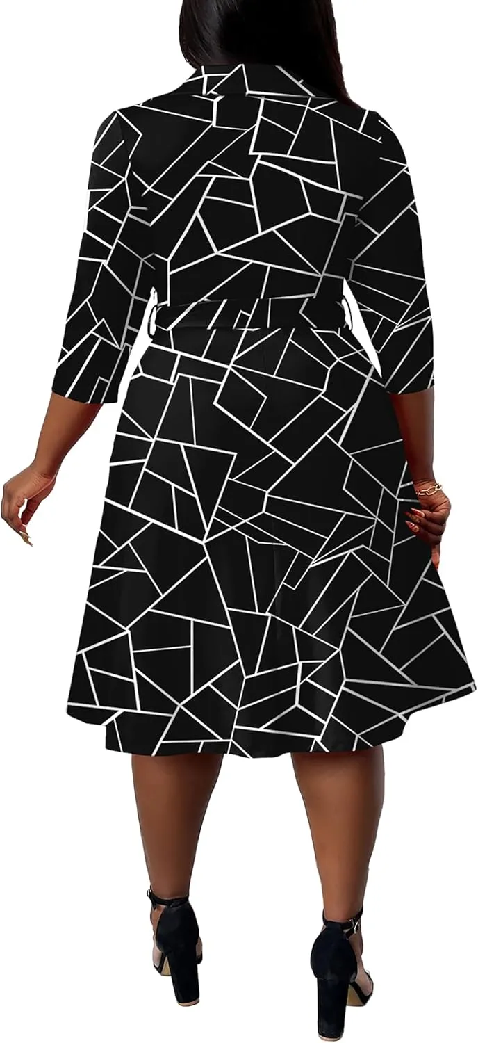 FANDEE Plus Size Midi Dress for Women - Printing Summer Dresses for Wedding Guest Cocktail Party 3/4 Sleeve V NeckXL-5XL