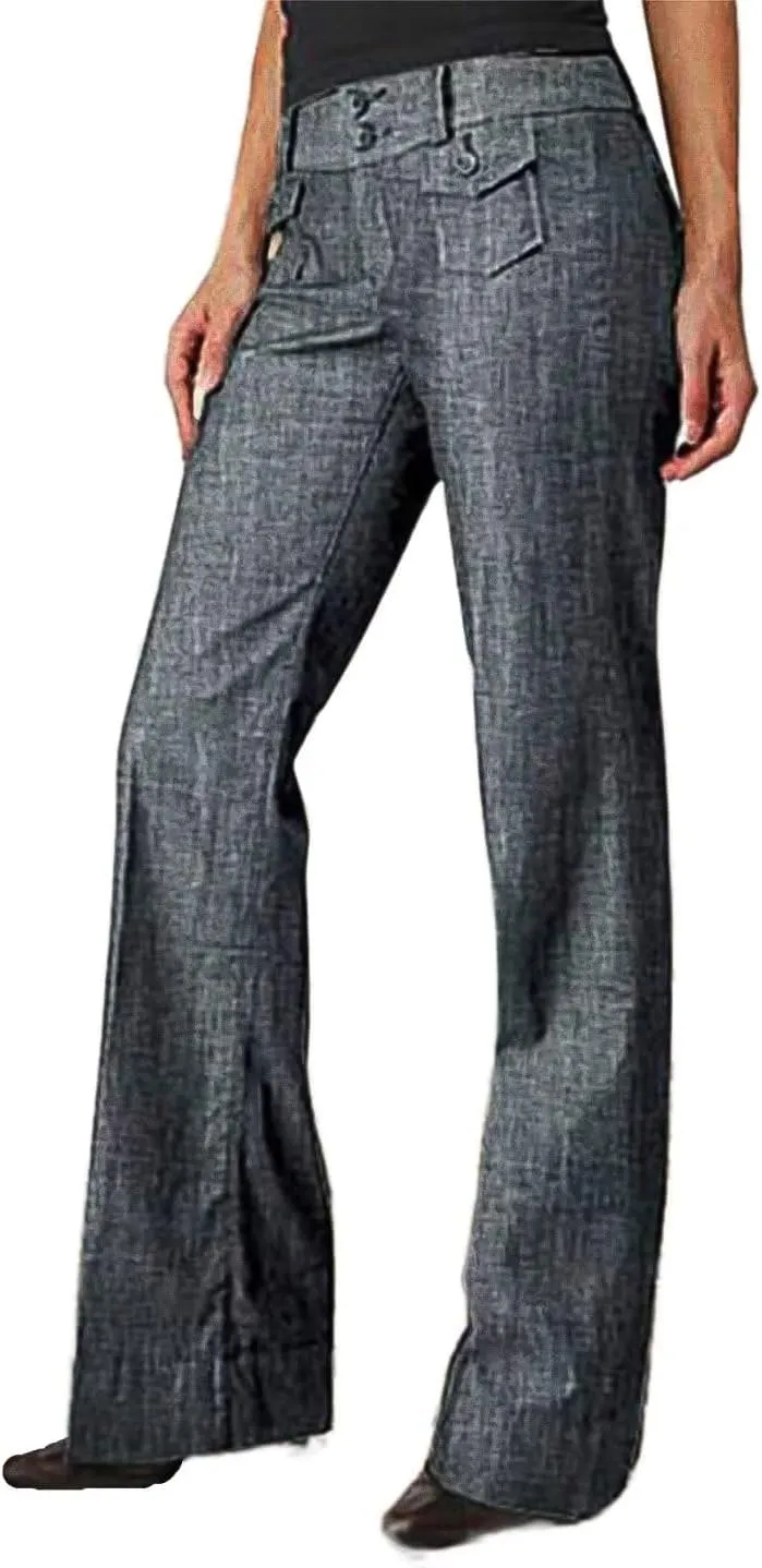 Flamingals Womens Jeans Solid Double Breasted Pocket Straight Leg Jeans