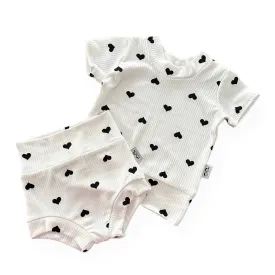 Flipped Black Hearts on White Ribbed Summer Lounge Set
