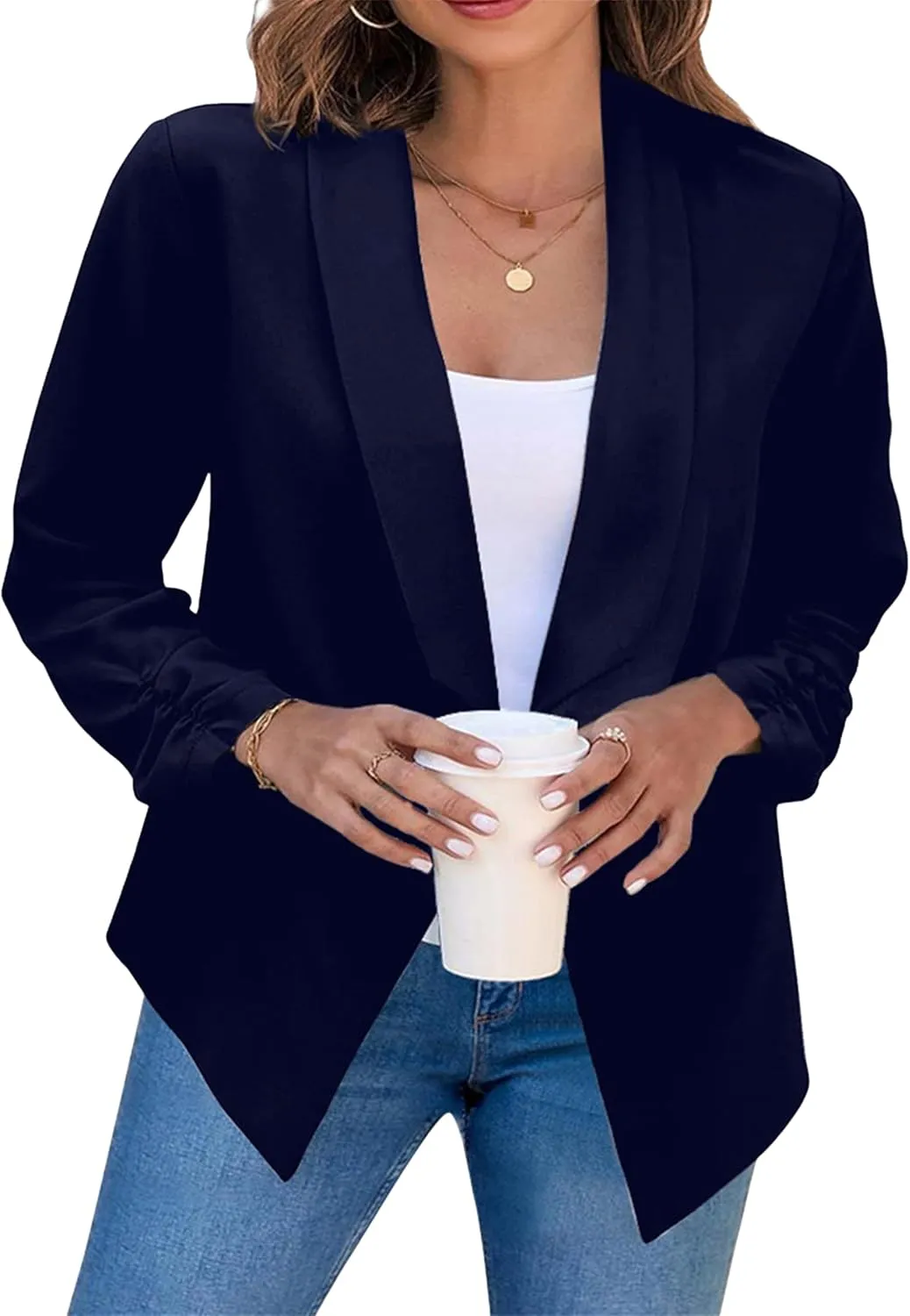 GRASWE Women's Open Front Button Casual Jacket Lapel Collared Summer Jacket Work Solid Long Sleeve Cardigan Jacket