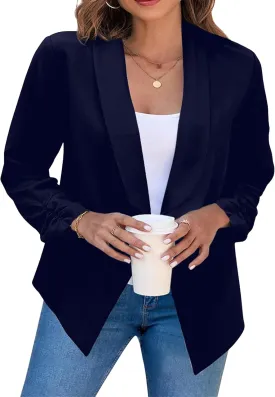 GRASWE Women's Open Front Button Casual Jacket Lapel Collared Summer Jacket Work Solid Long Sleeve Cardigan Jacket