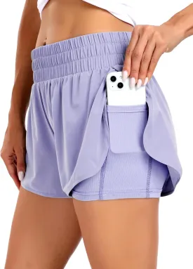 Haimont Women's Running Shorts 2 in 1 High Waisted Athletic Shorts with Drawstring Pockets 3" Compression Liner Shorts