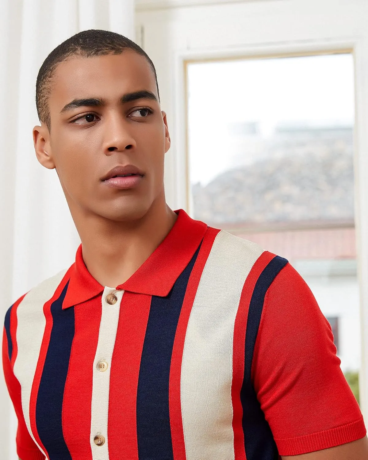 Kallspin Men's Vintage Knit Polo Shirt Short Sleeve Striped Button Down Knitting Golf Shirts