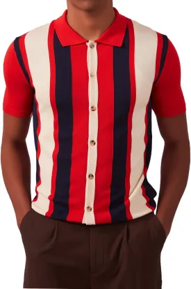 Kallspin Men's Vintage Knit Polo Shirt Short Sleeve Striped Button Down Knitting Golf Shirts