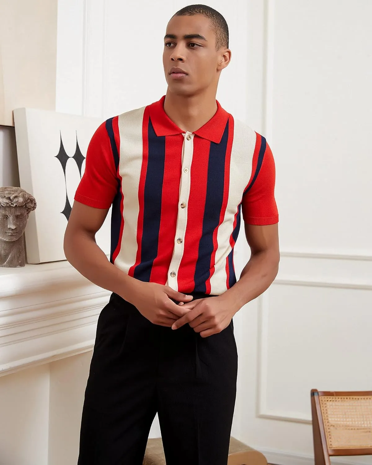 Kallspin Men's Vintage Knit Polo Shirt Short Sleeve Striped Button Down Knitting Golf Shirts