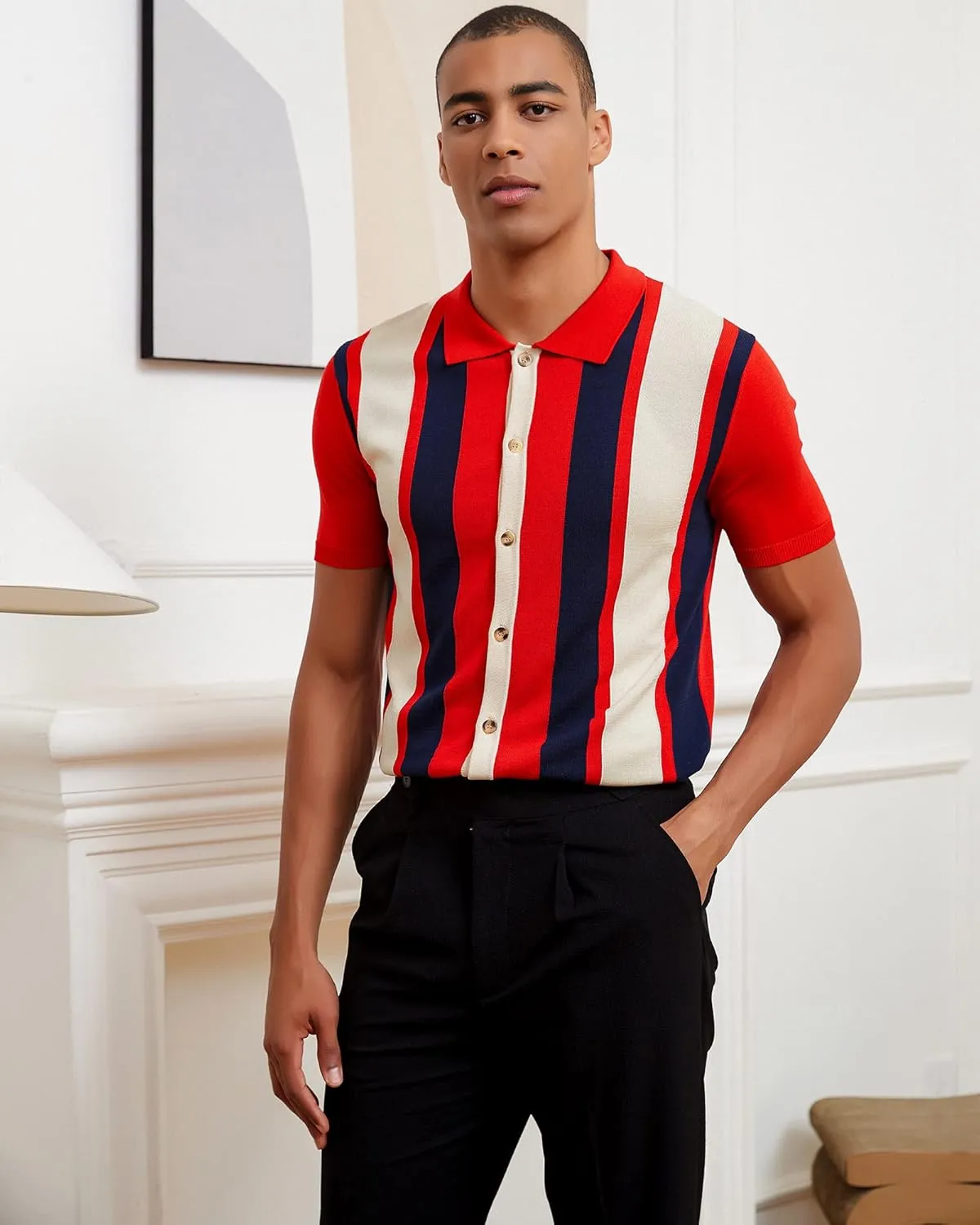 Kallspin Men's Vintage Knit Polo Shirt Short Sleeve Striped Button Down Knitting Golf Shirts