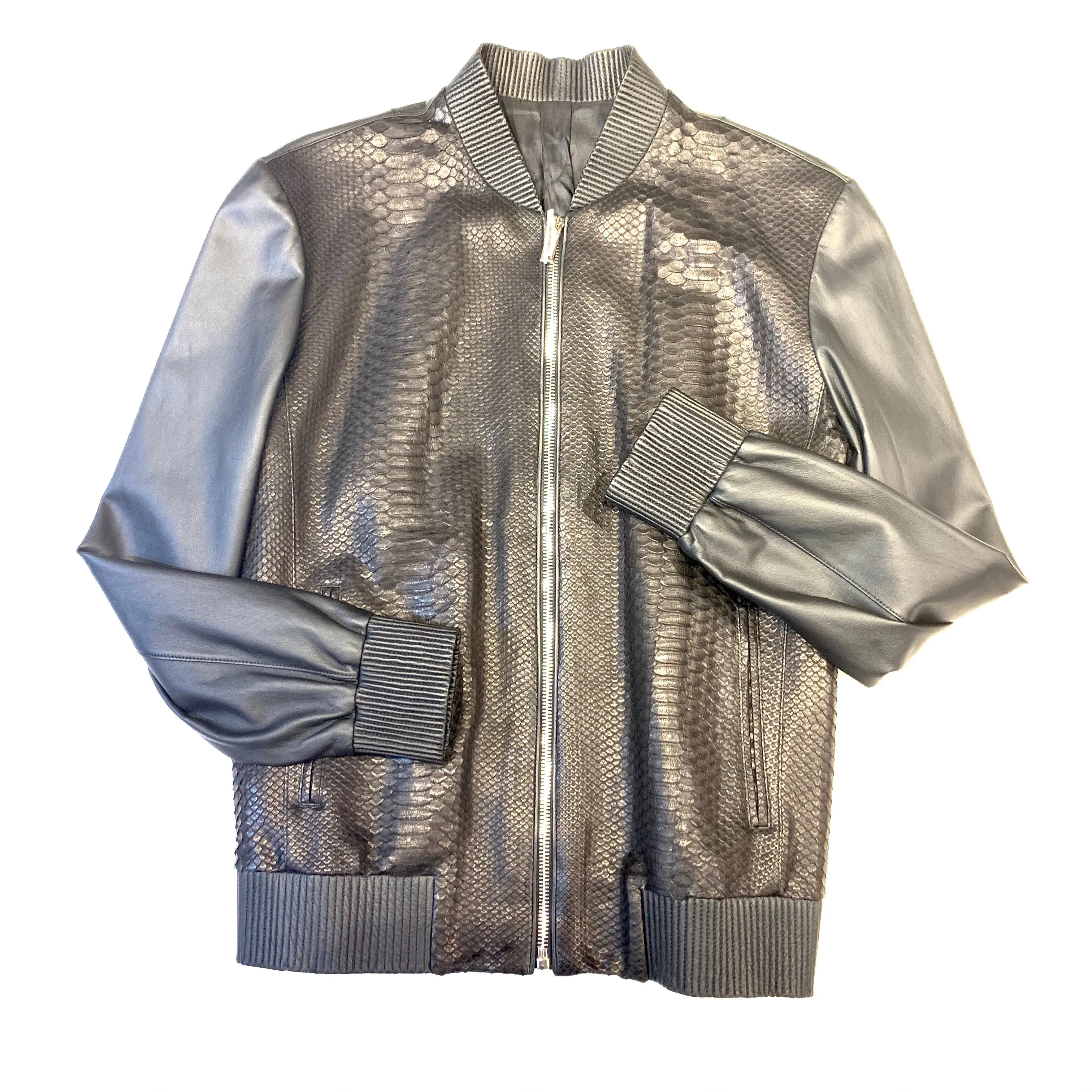 Kashani Men's Jet Black Python/Lambskin Baseball Jacket