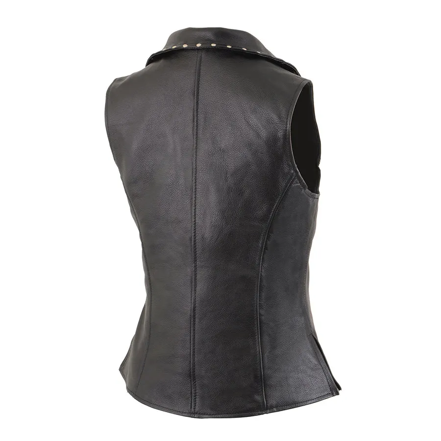 Ladies Black Leather Zipper Front Vest with Riveted M/C Lapel Collar