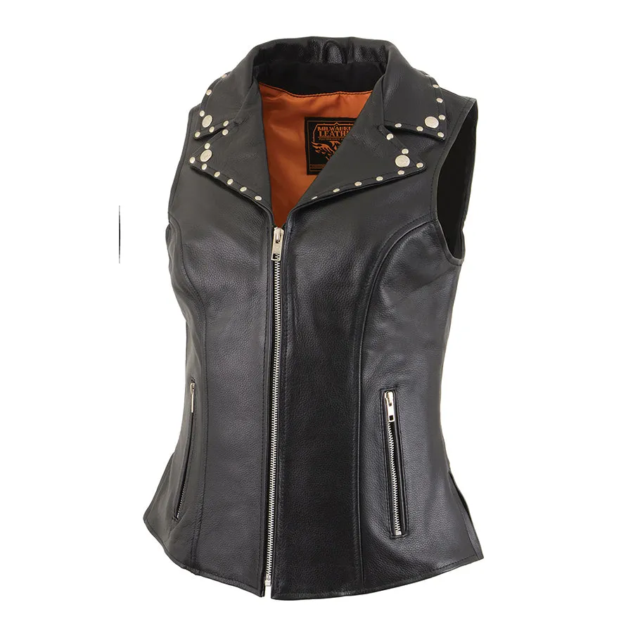 Ladies Black Leather Zipper Front Vest with Riveted M/C Lapel Collar
