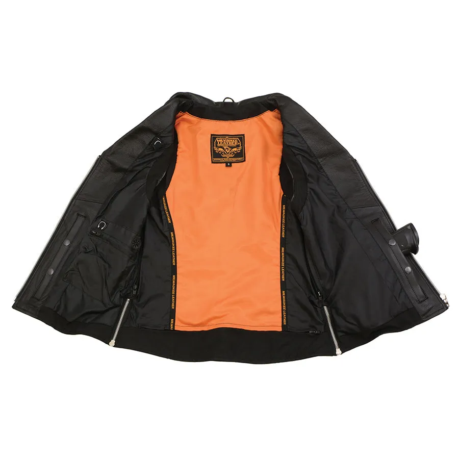 Ladies Black Leather Zipper Front Vest with Riveted M/C Lapel Collar