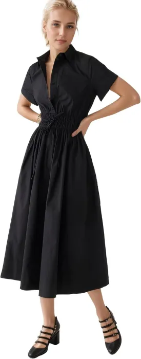 Ladyful Women Casual Button Down Short Sleeve Shirt Dress Tie Waist Midi Shirt Dress Elegant Business Party