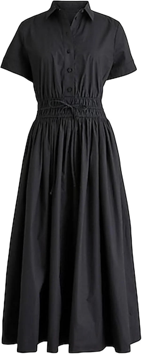 Ladyful Women Casual Button Down Short Sleeve Shirt Dress Tie Waist Midi Shirt Dress Elegant Business Party