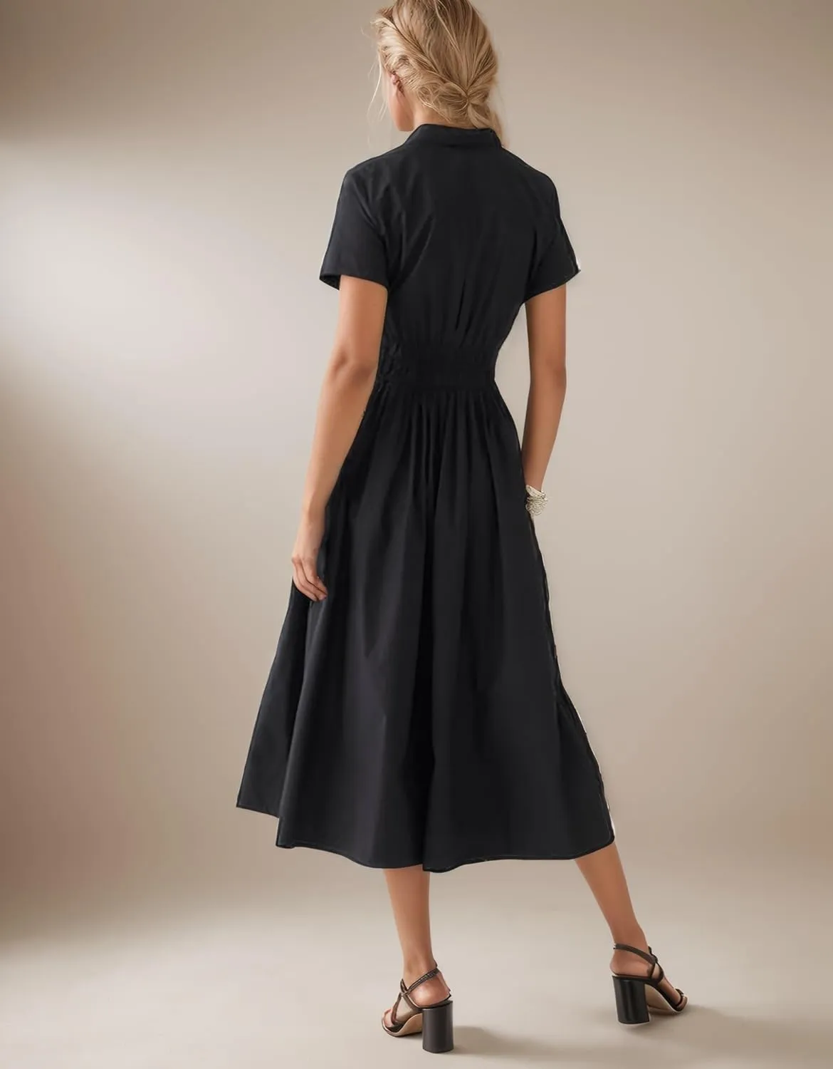 Ladyful Women Casual Button Down Short Sleeve Shirt Dress Tie Waist Midi Shirt Dress Elegant Business Party