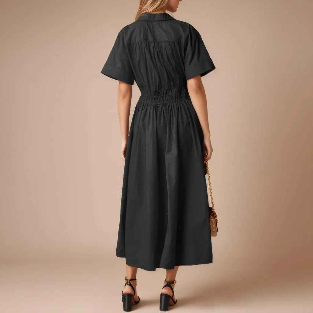 Ladyful Women Casual Button Down Short Sleeve Shirt Dress Tie Waist Midi Shirt Dress Elegant Business Party