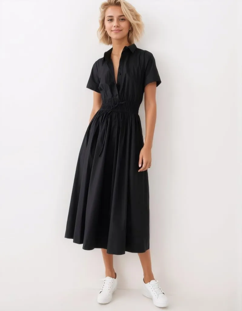 Ladyful Women Casual Button Down Short Sleeve Shirt Dress Tie Waist Midi Shirt Dress Elegant Business Party