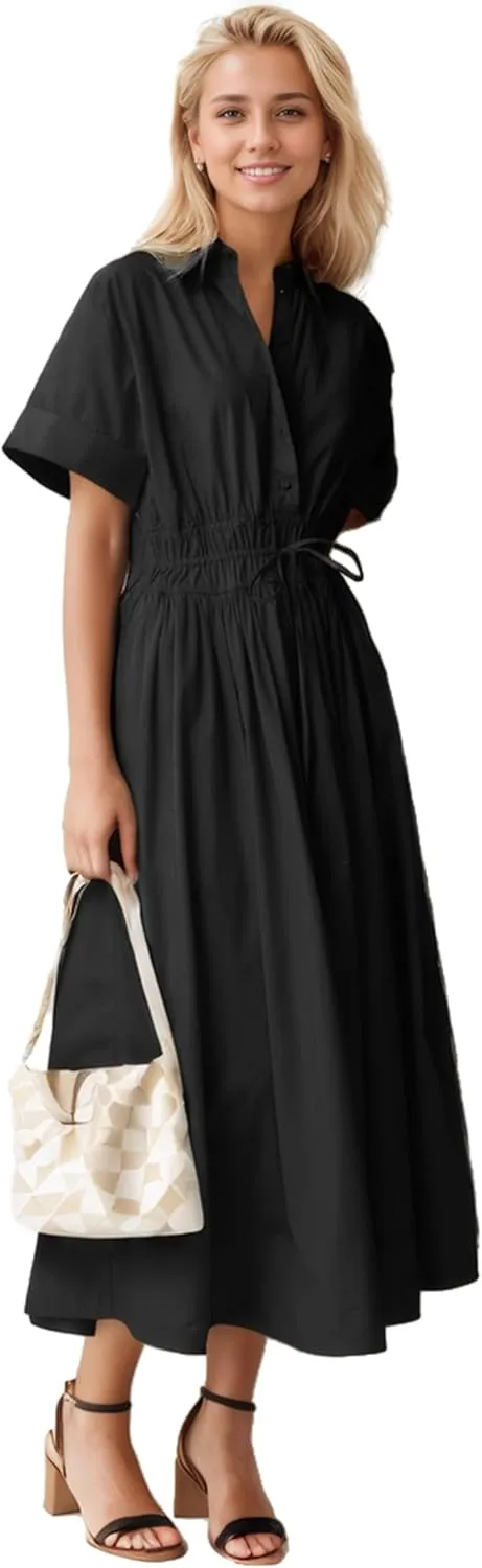 Ladyful Women Casual Button Down Short Sleeve Shirt Dress Tie Waist Midi Shirt Dress Elegant Business Party