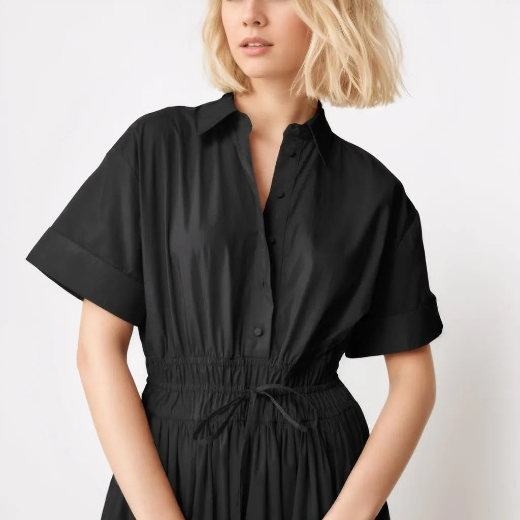 Ladyful Women Casual Button Down Short Sleeve Shirt Dress Tie Waist Midi Shirt Dress Elegant Business Party