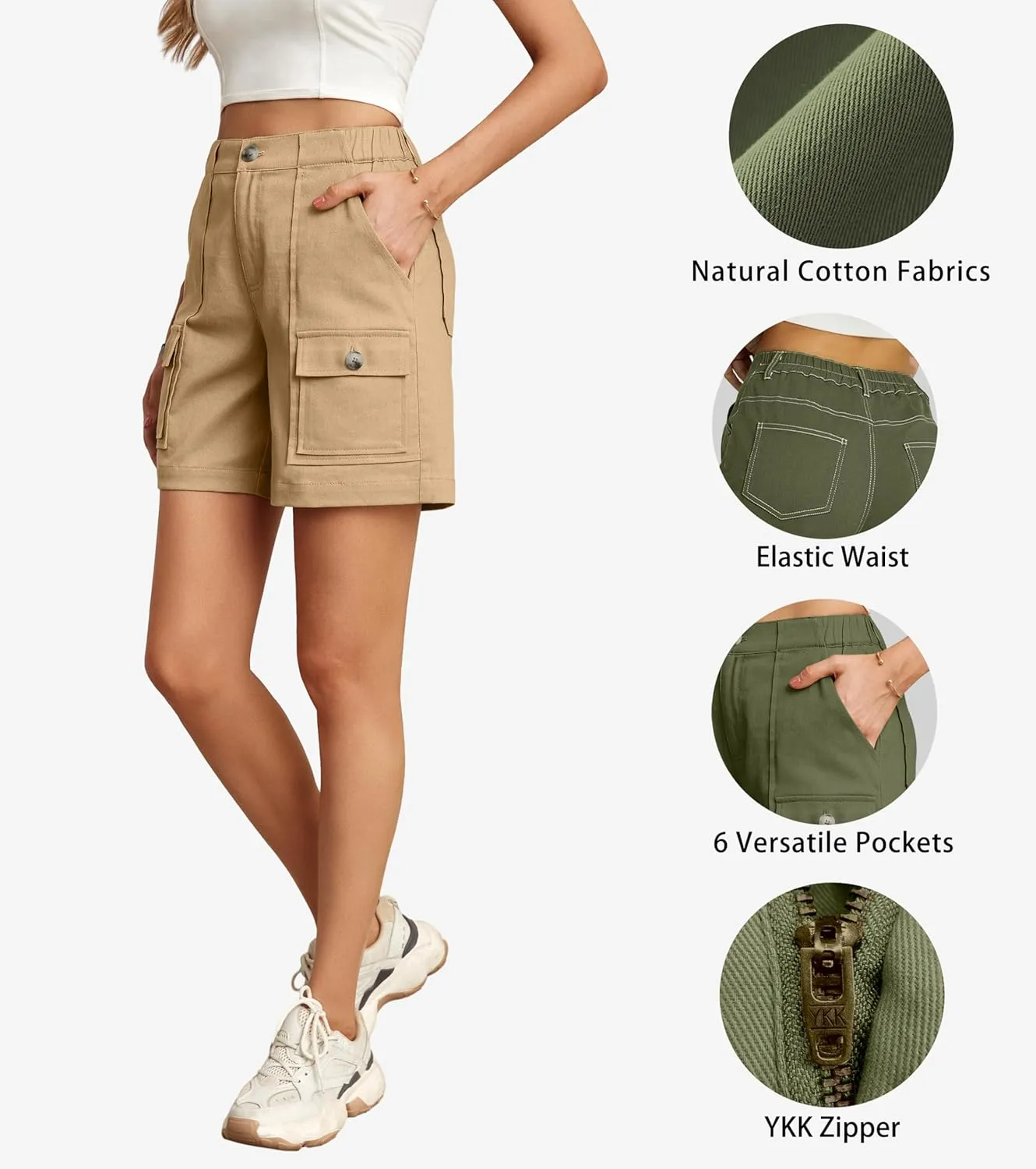 Lepunuo Cargo Shorts for Women Baggy Casual Elastic Waist Shorts Relaxed Fit Stretch Cargo Shorts with 6 Pockets