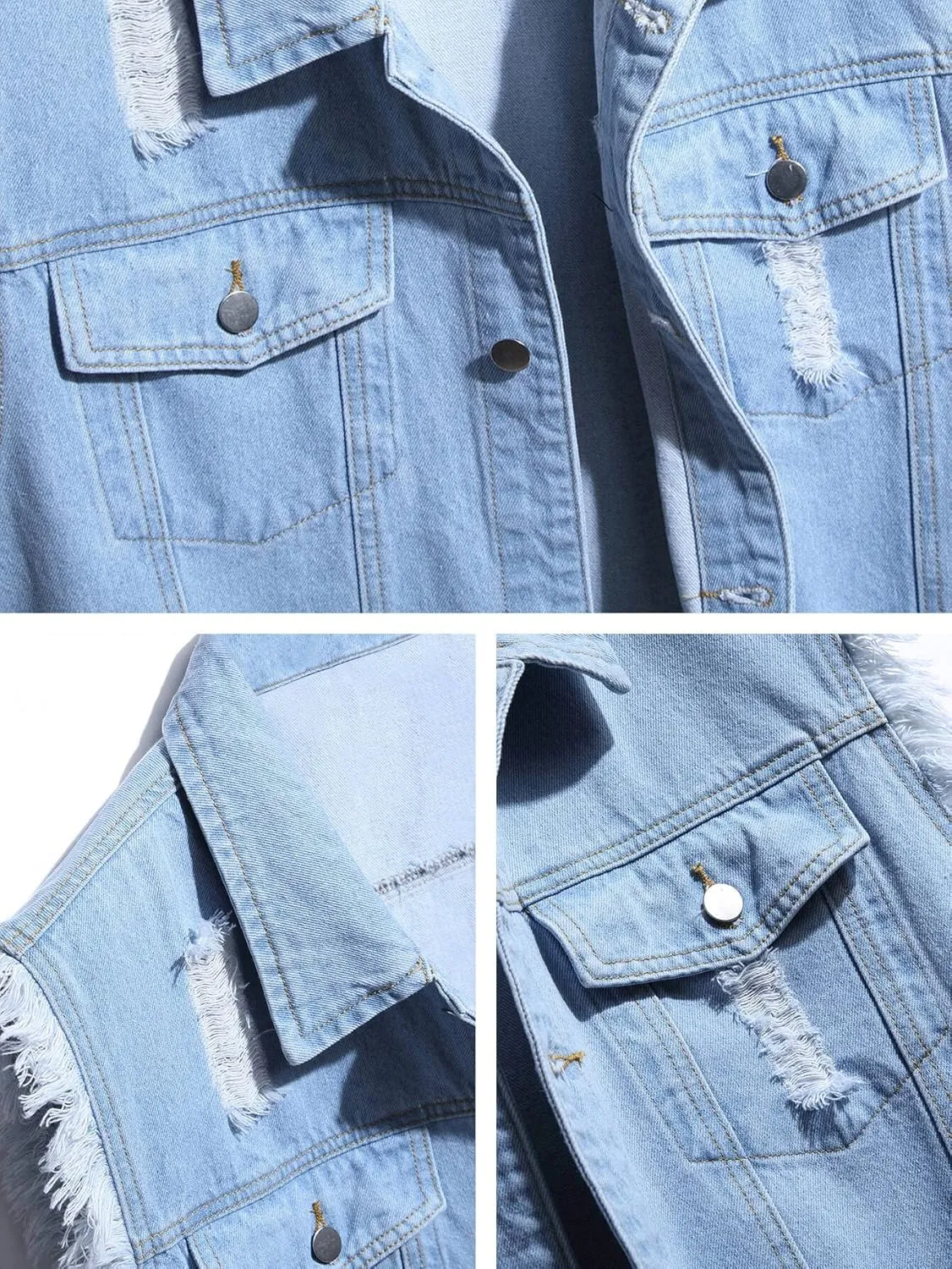 LONGBIDA Men's Denim Vest Sleeveless Ripped Slim fit Distressed Jean Jacket