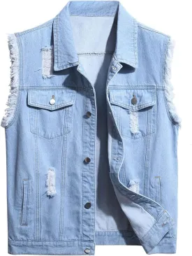 LONGBIDA Men's Denim Vest Sleeveless Ripped Slim fit Distressed Jean Jacket